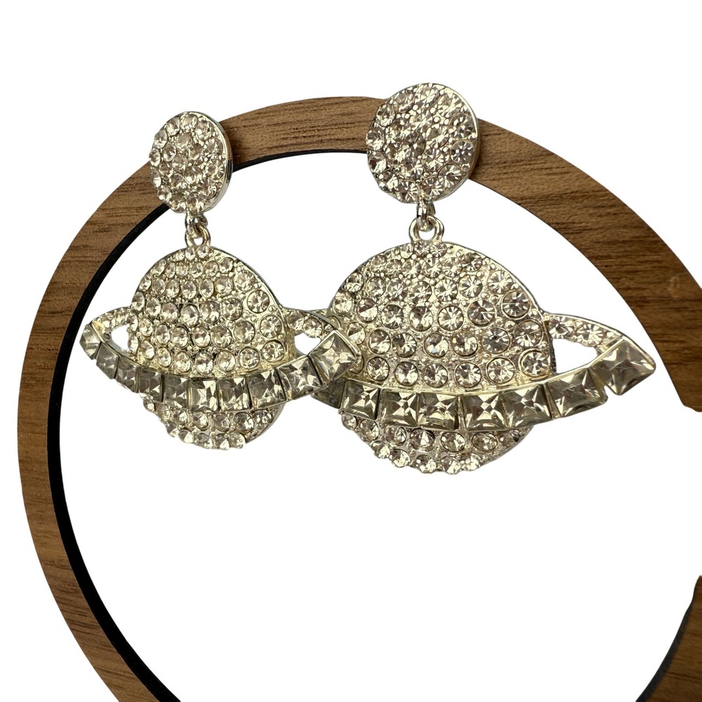 Rhinestone Saturn Planet Earrings Crystal Silver Tone Celestial Statement Dangle - Picture 4 of 7